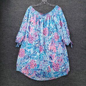 Lilly Pulitzer Maryellen Dress Women XL Extra Large Blue Off The Shoulder Floral